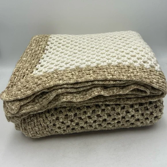 Handmade Double Crochet Cream & Tan Striped Knit Blanket (54” wide x 76” long)